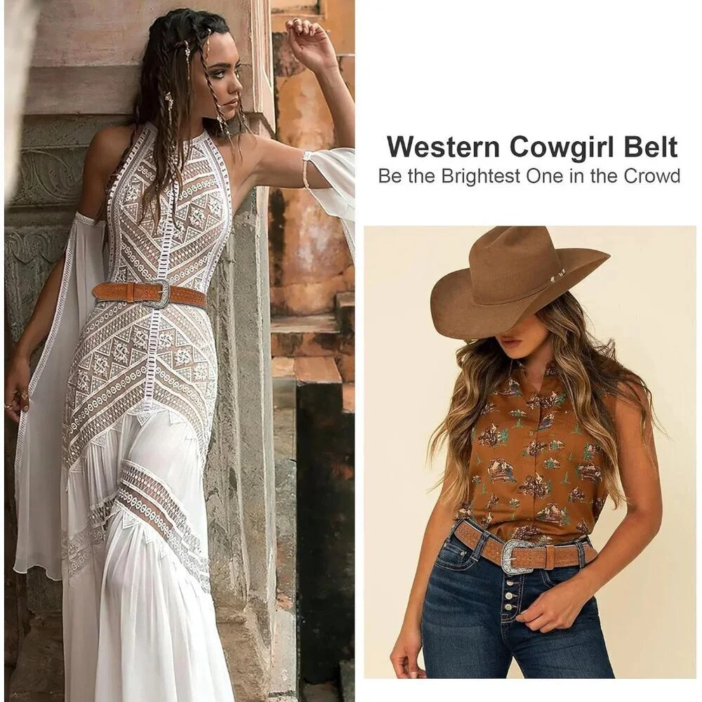 Women's Brown Adjustable Vintage Western Belts Engraved Buckle Cowgirl Belt